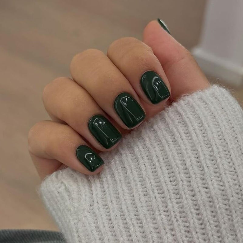 KQueenest 48 Pcs Dark Green Press on Nails Short Square, Acrylic Artificial Nail Glue on False Nails for Women DIY Manicure - Image 2